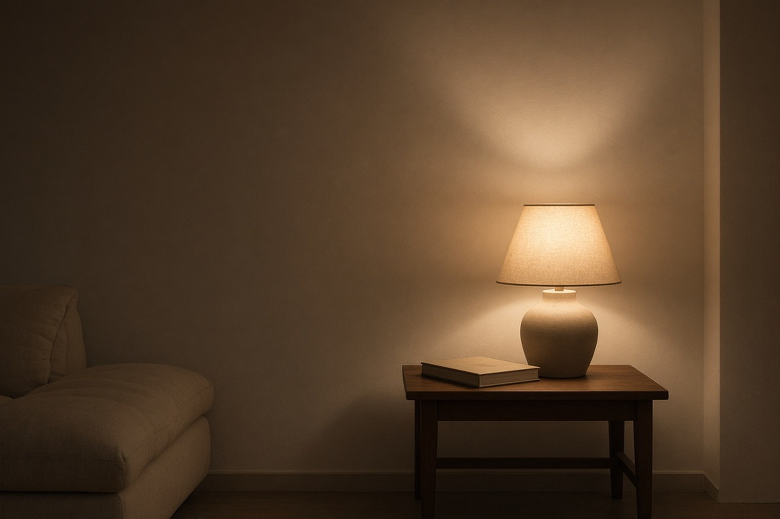 Cômodo à noite, uma luz baixa, sem tela, sem kit de rotina.