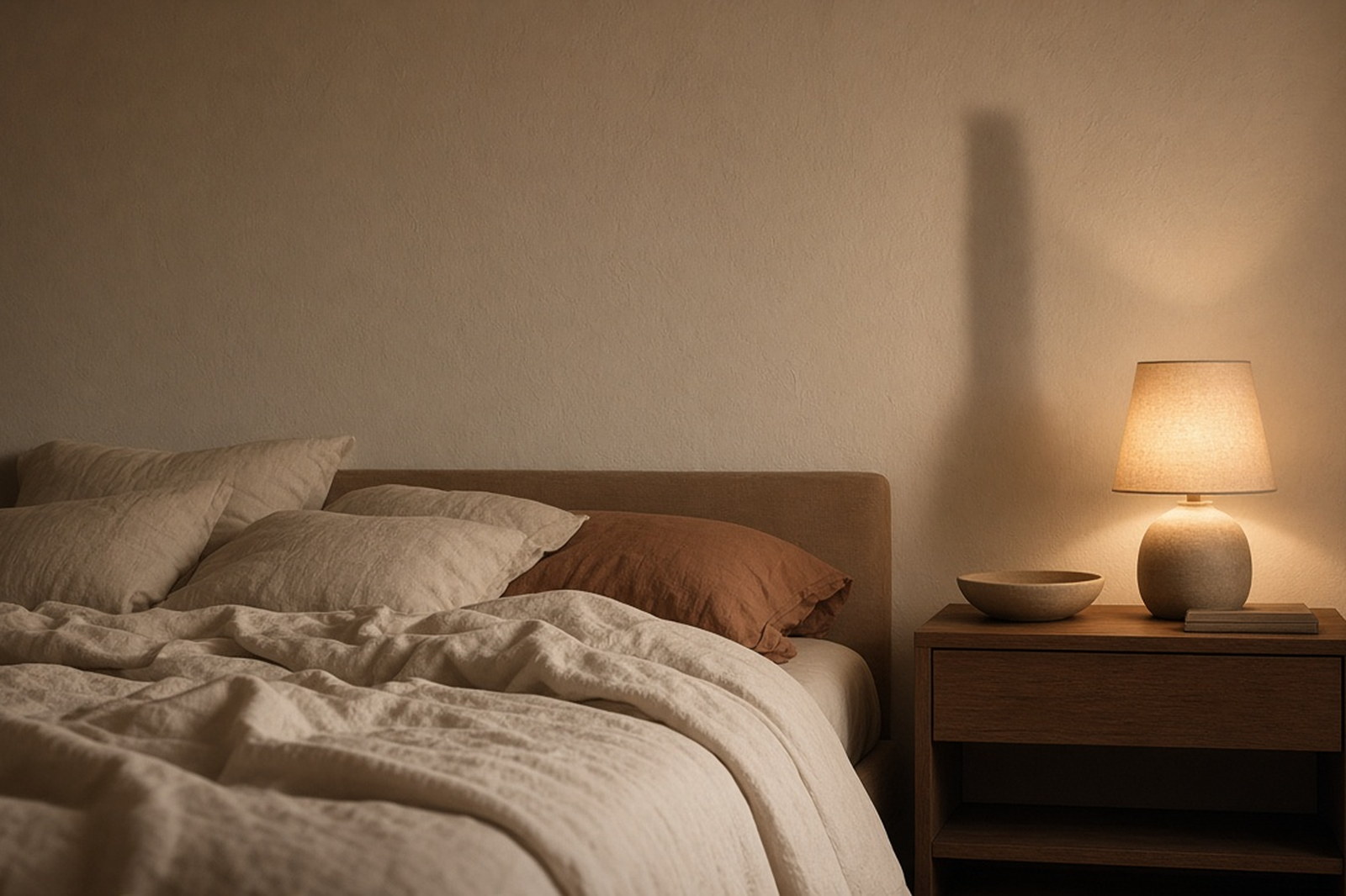 Quarto brasileiro, cabeceira simples, uma luz baixa, sem TV, sem kit.
