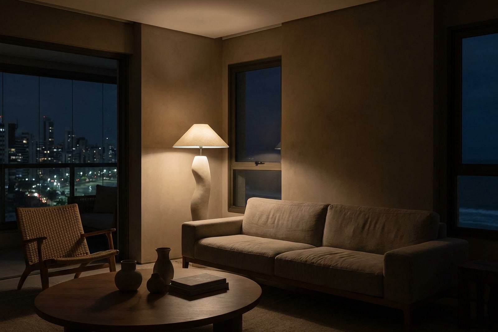 Apartamento brasileiro à noite, tudo aparentemente apagado, penumbra calma, sem TV no quadro.