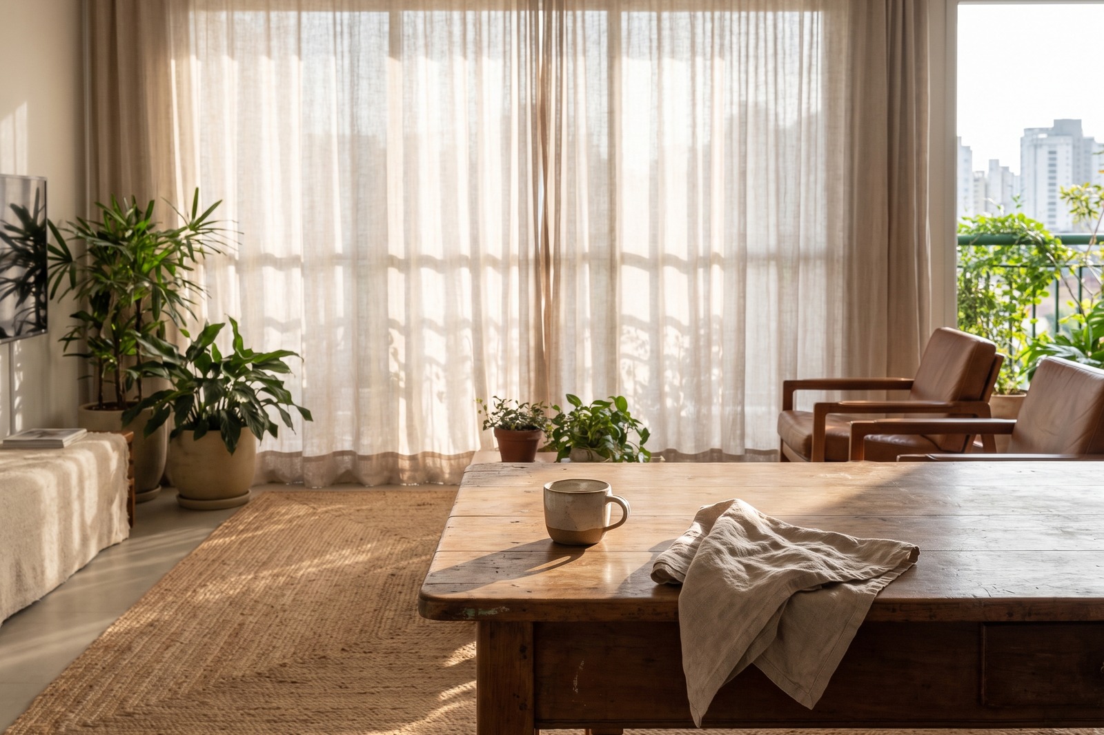 Apartamento brasileiro no sábado de manhã, café sem pressa, sem agenda na mesa, luz de janela.
