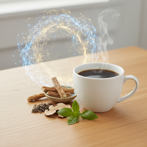 Foto sobre Como funciona no corpo: cafeína, adaptógenos e foco para Café de Cogumelos (Mushroom Coffee): Foco sem Ansiedade ou Apenas Hype?