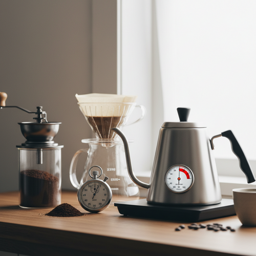 Foto sobre Guia rápido de uso: temperatura, moagem e tempo de infusão para Chaleira Pescoço de Ganso (Gooseneck): Por que ela Muda o Sabor do seu Café