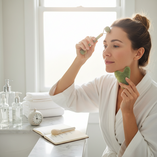 Foto sobre Benefícios, resultados esperados e frequência ideal para Drenagem Linfática Facial em Casa: O Guia do Gua Sha e Rolo de Jade