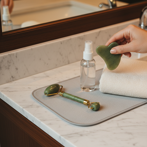 Foto sobre Dicas de segurança, limpeza e erros comuns para Drenagem Linfática Facial em Casa: O Guia do Gua Sha e Rolo de Jade